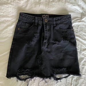 Black denim distressed mini skirt
